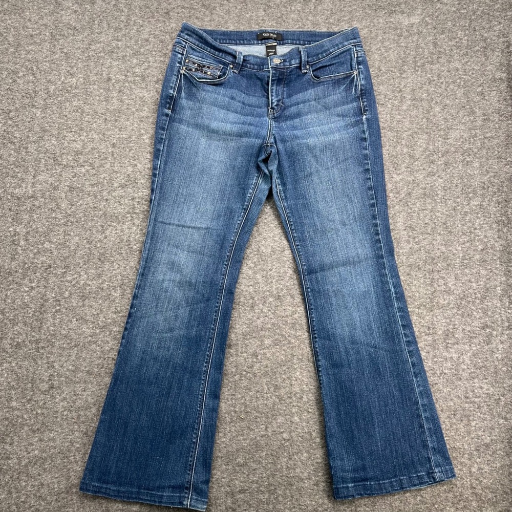 White House Black Market Noir Flare Leg Jeans Blue Beaded Pocket 10R Medium Wash